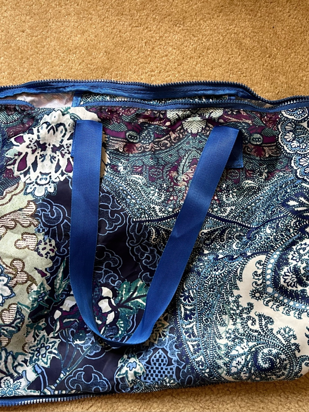 Chico's Packable Foldable Travel Tote Bag Paisley Blue Purple Large Expandable - Picture 3 of 13